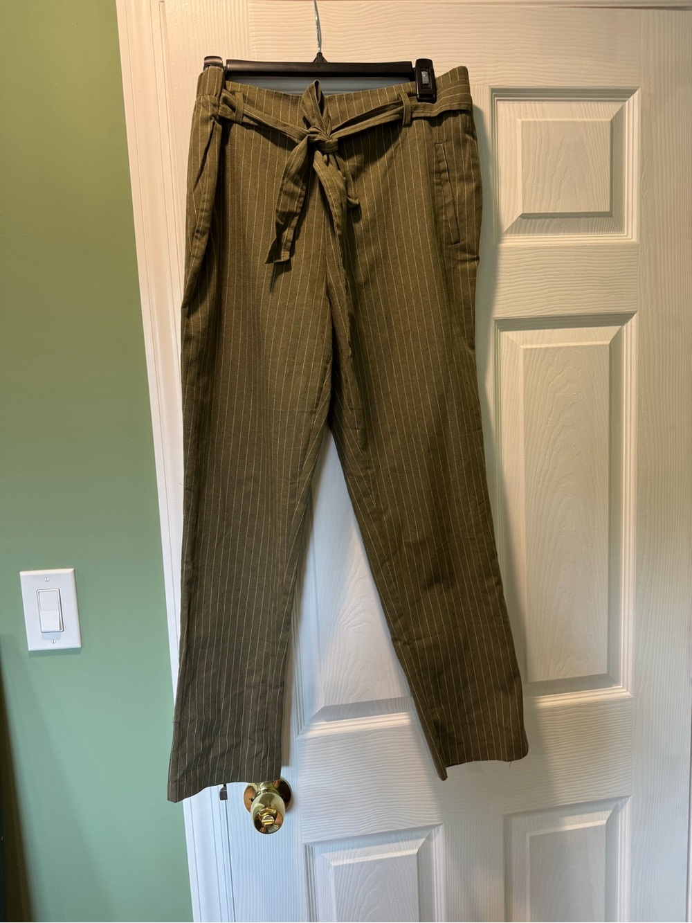 Olive Pinstripe Tie-Waist women’s Pants